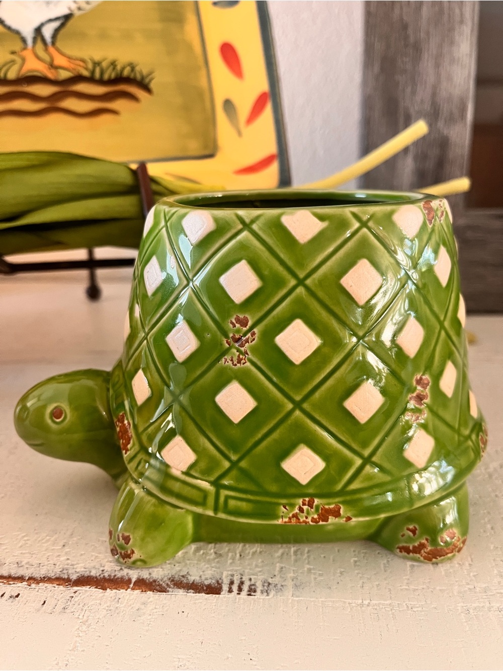 Green Ceramic Turtle Planter – Hand Glazed